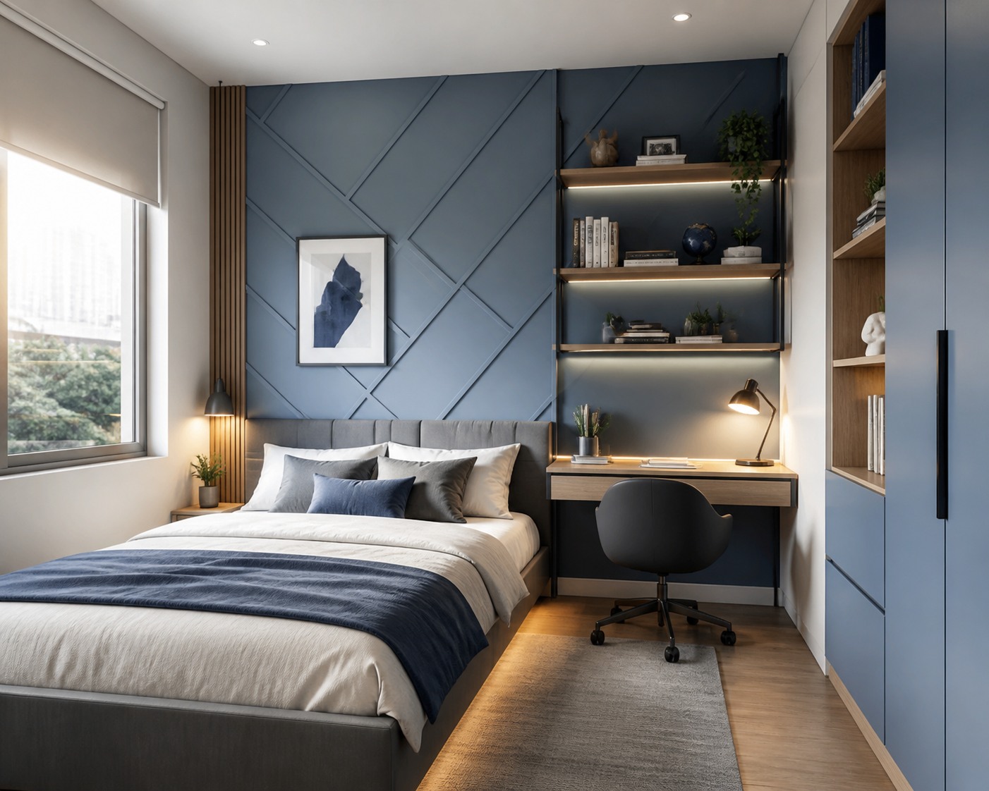 Blue bedroom with a geometric feature wall, study desk and shelving