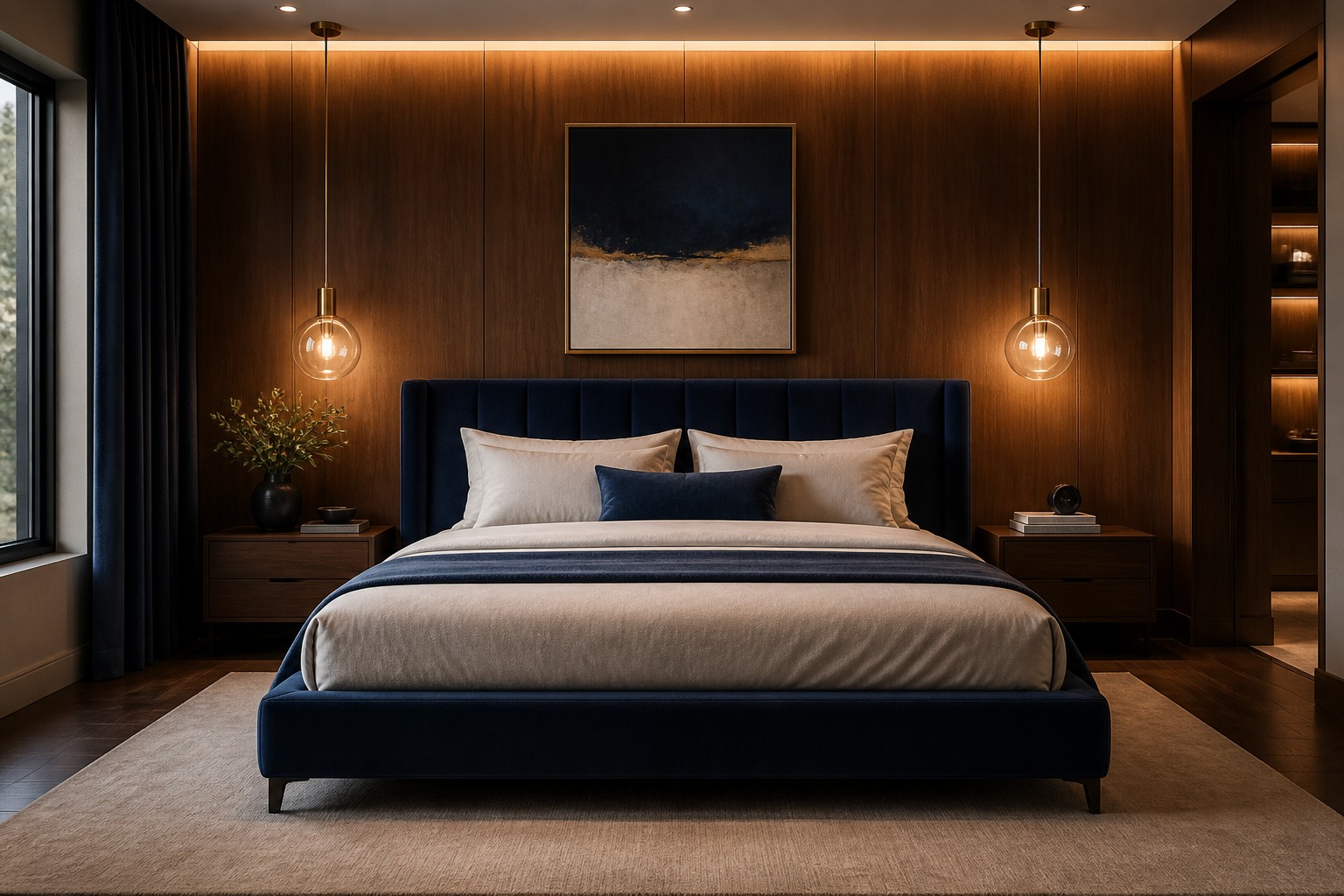 Warm timber bedroom with a deep blue upholstered bed