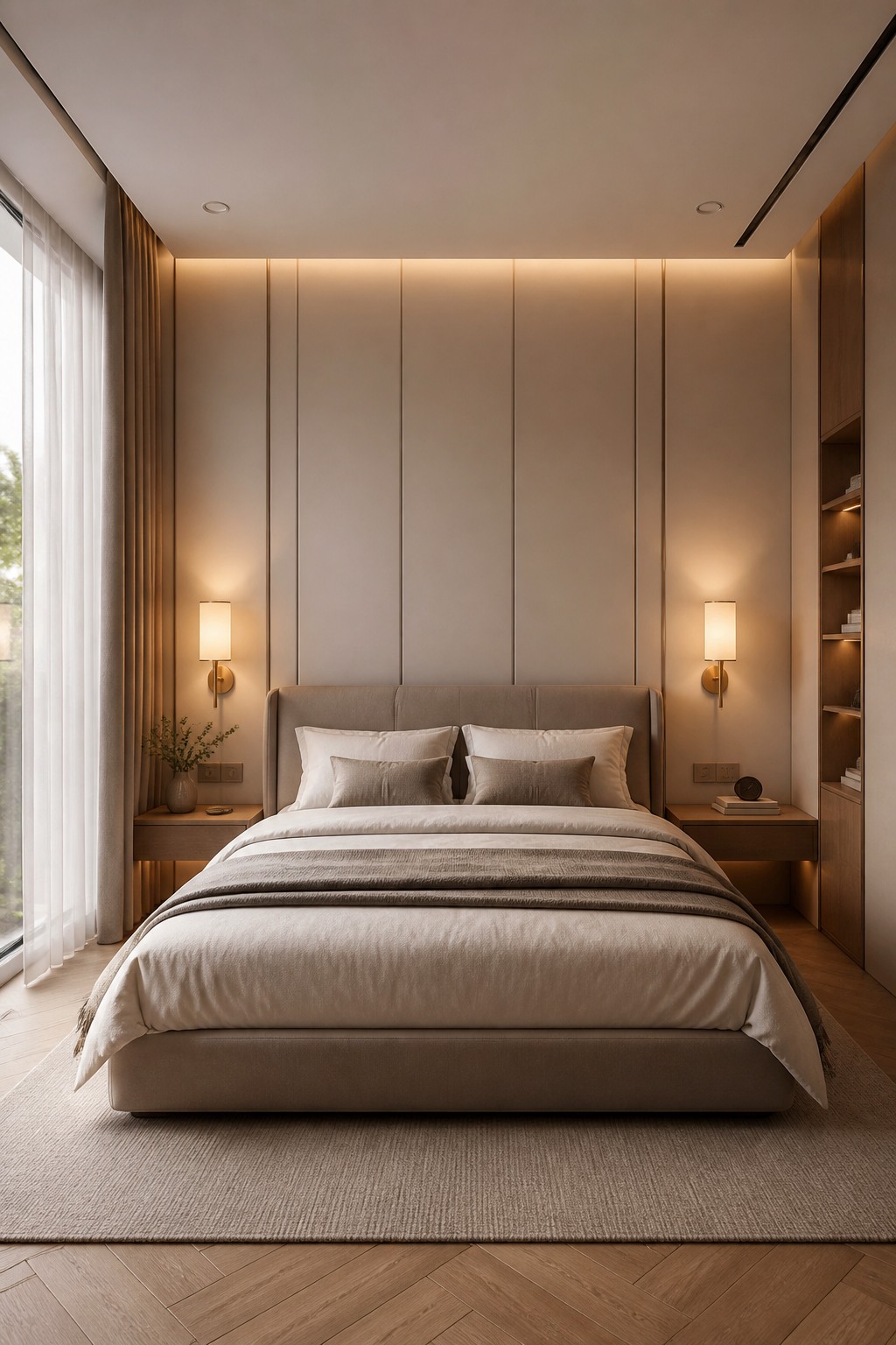 Neutral bedroom with floor-to-ceiling wall panels and warm bedside lights