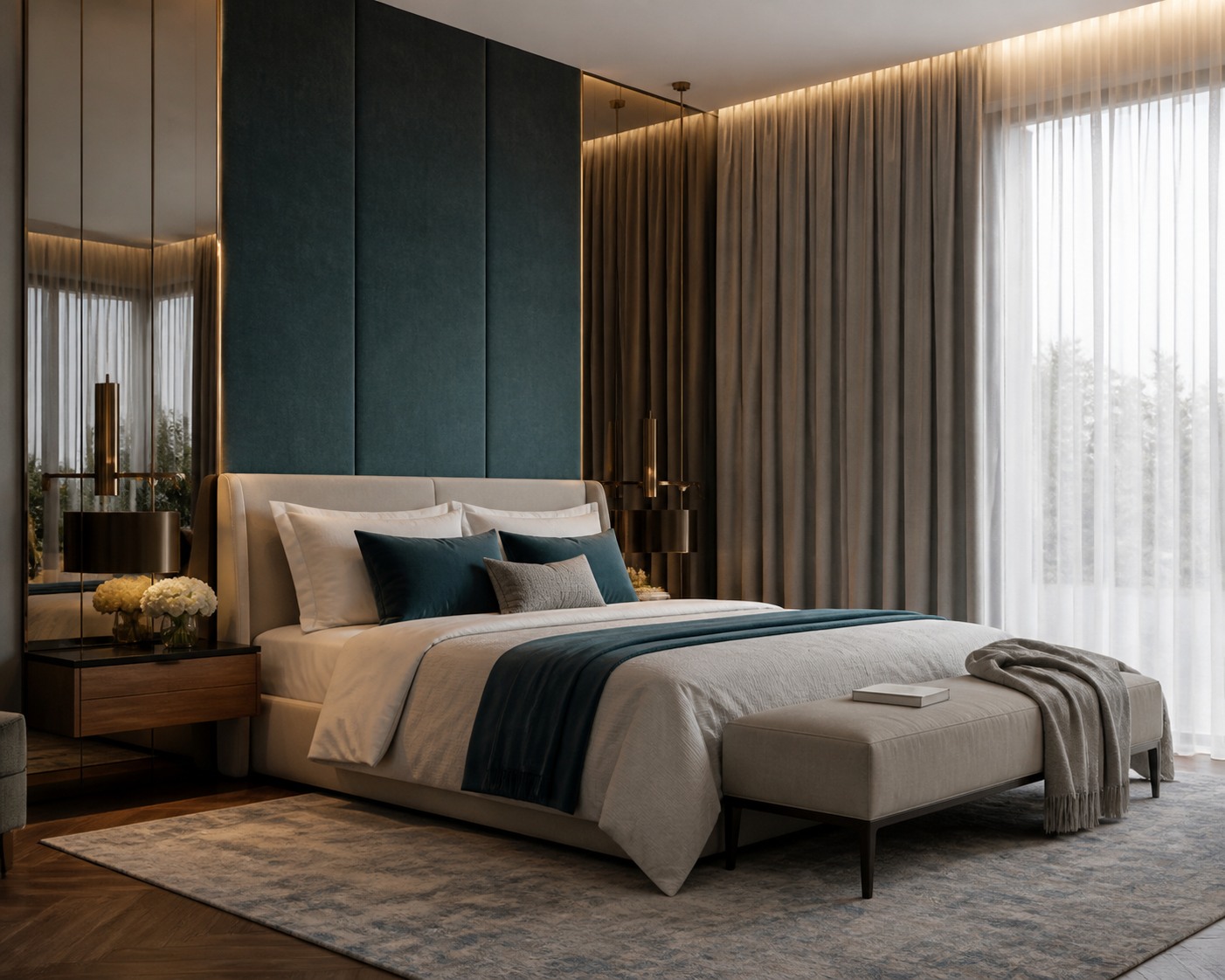 Teal bedroom with mirrored wall panels and full-height curtains
