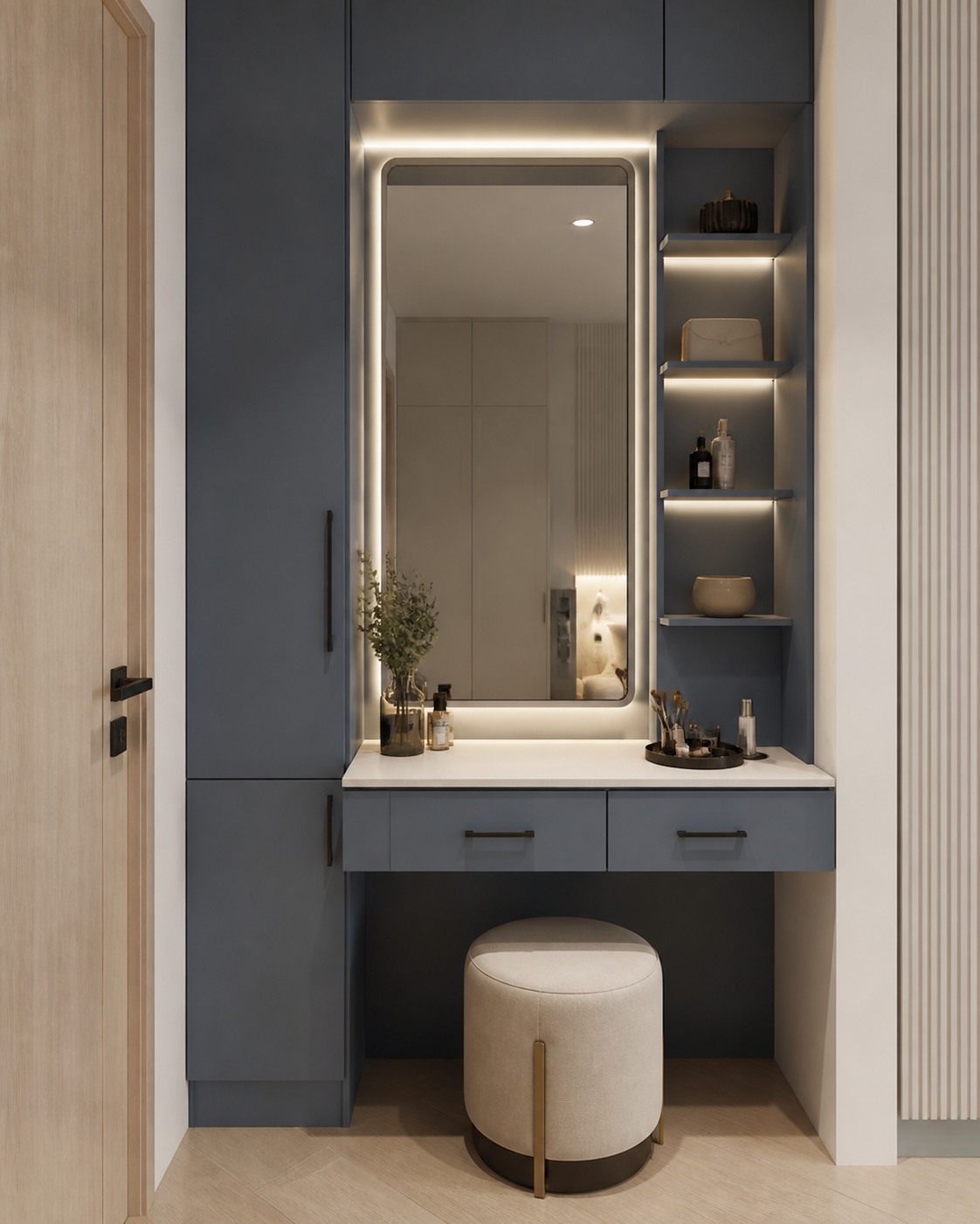 Compact blue dressing niche with integrated mirror and drawers