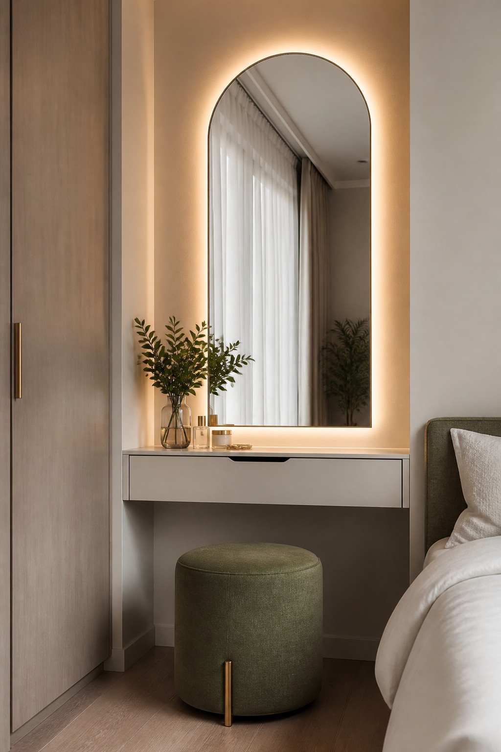 Minimal dressing niche with an arched illuminated mirror and green stool