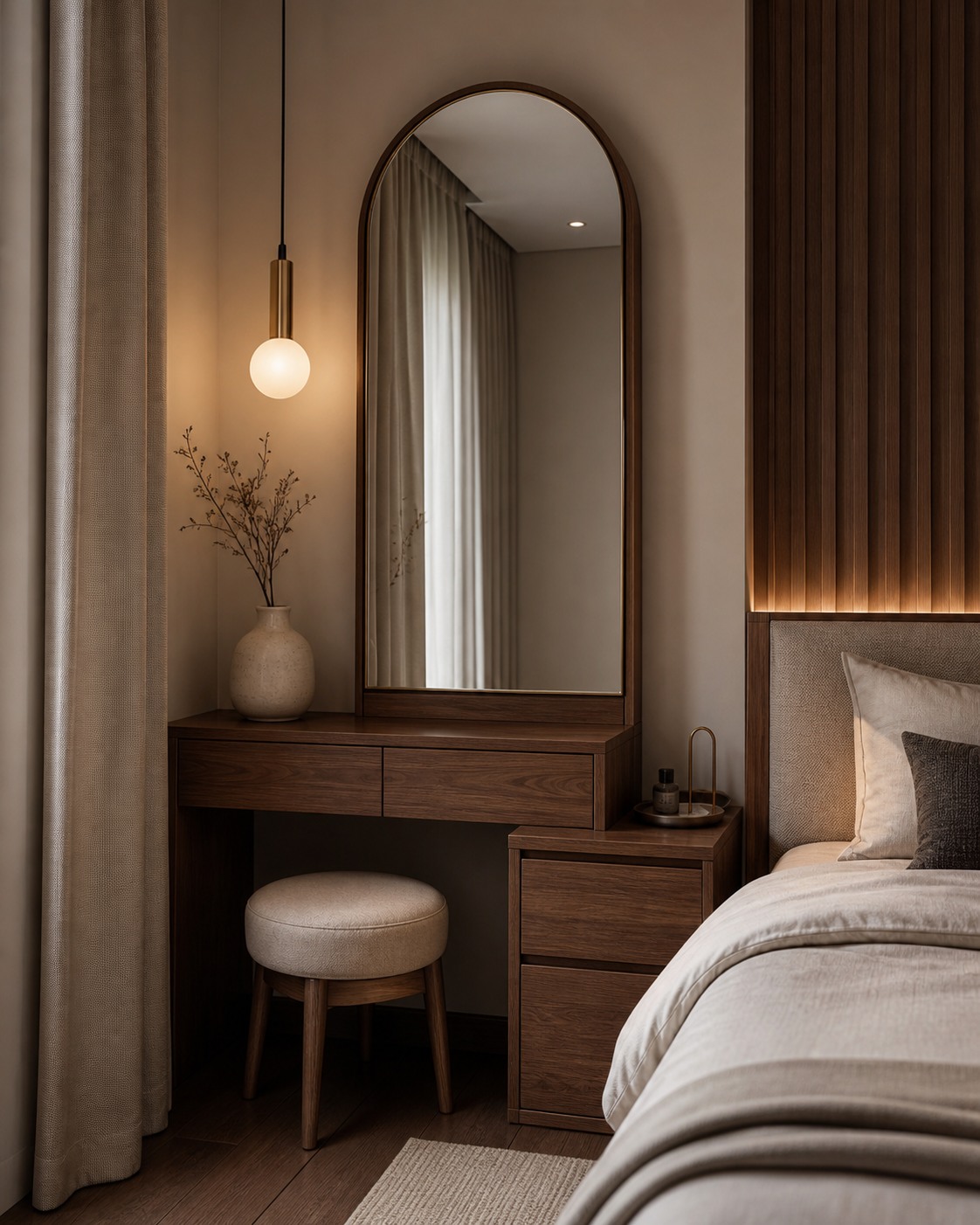 Wooden bedside dressing console with a tall arched mirror