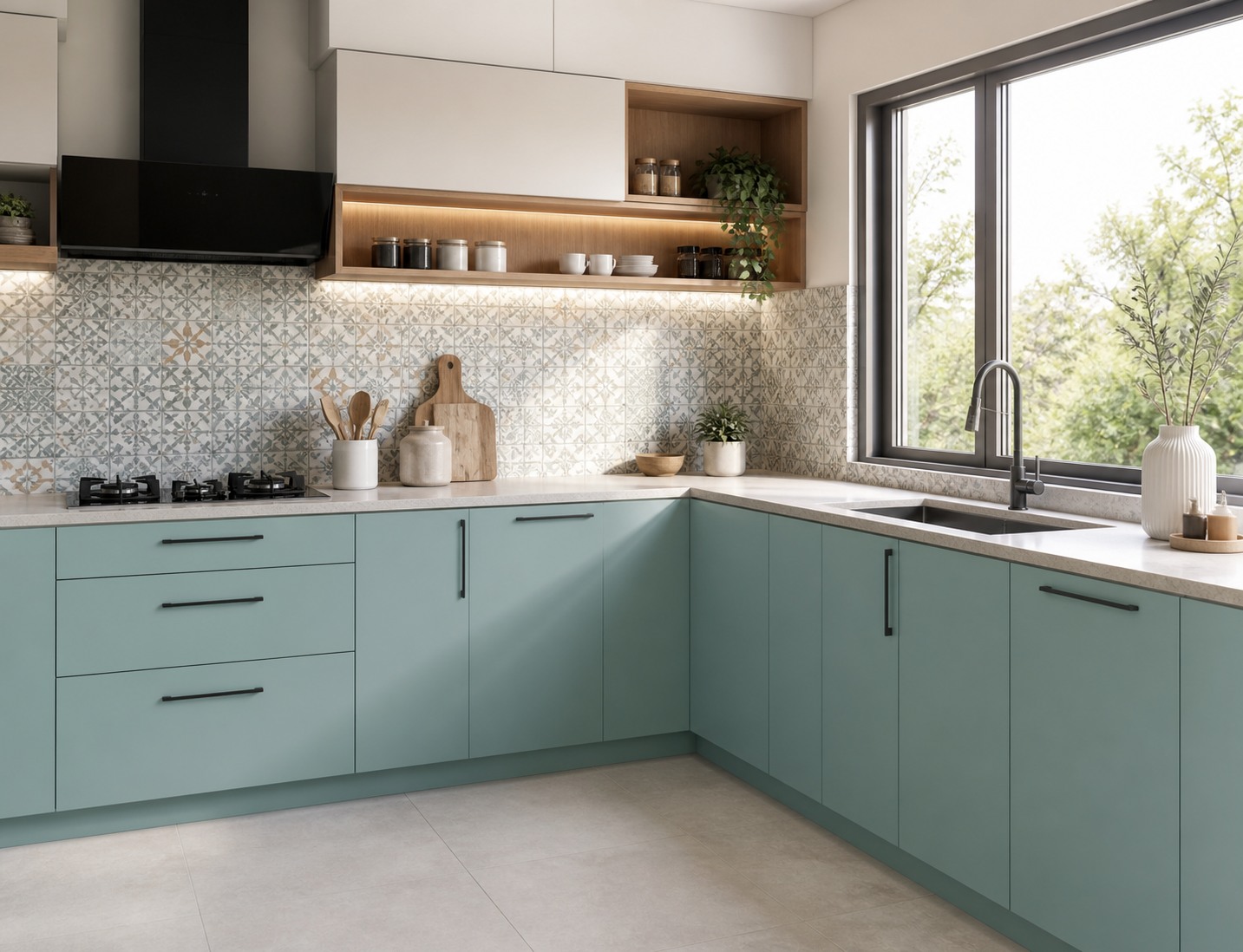 Aqua L-shaped kitchen with patterned backsplash and a large window