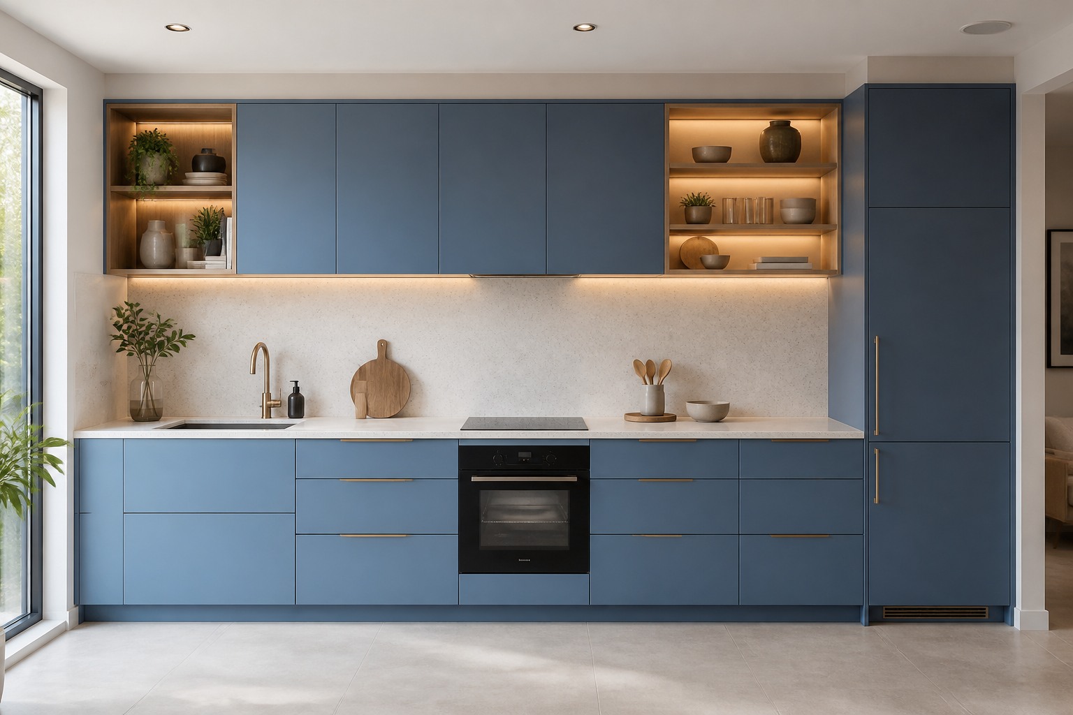 Straight blue modular kitchen with warm open display niches