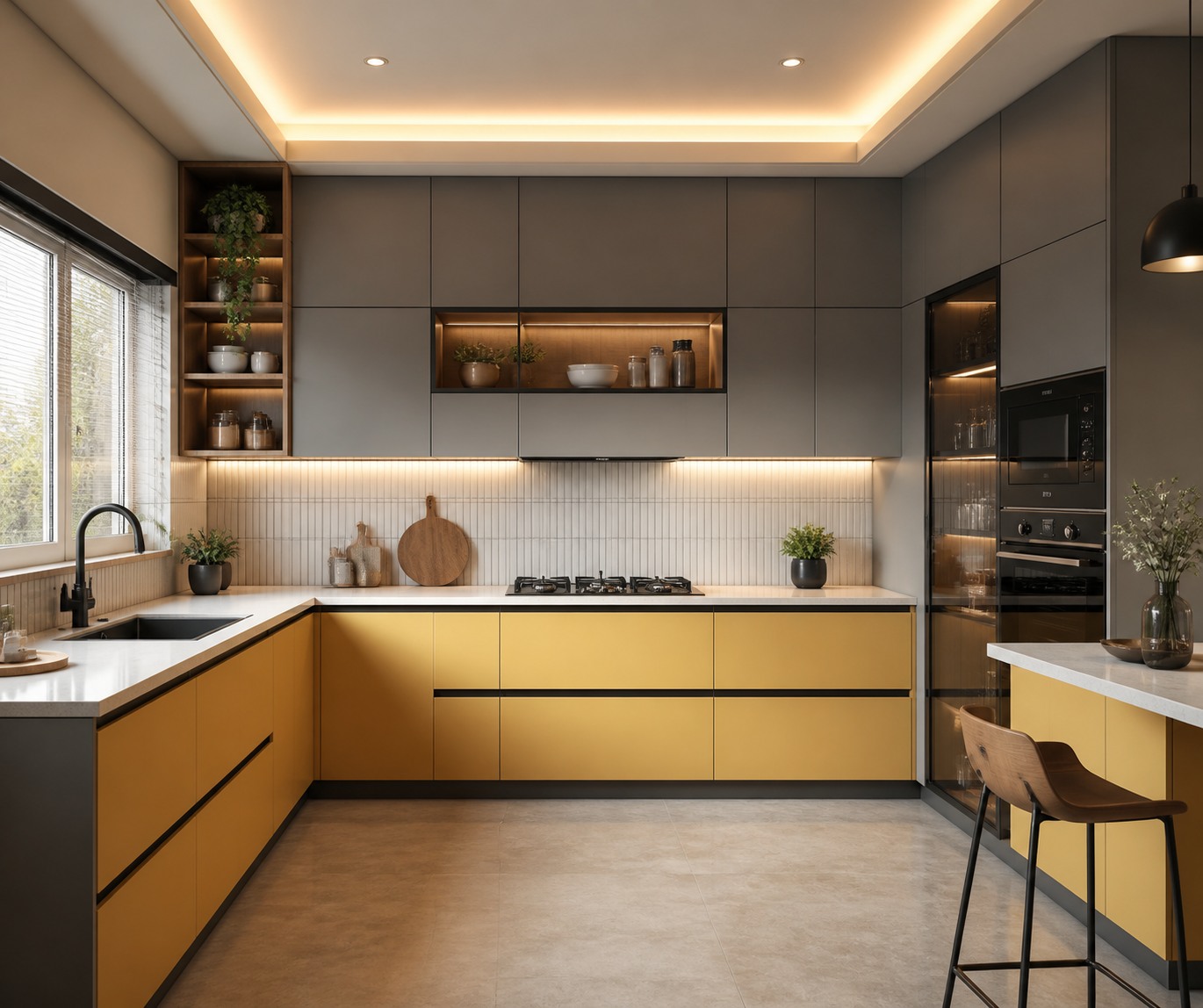 Grey and yellow L-shaped modular kitchen with warm cove lighting