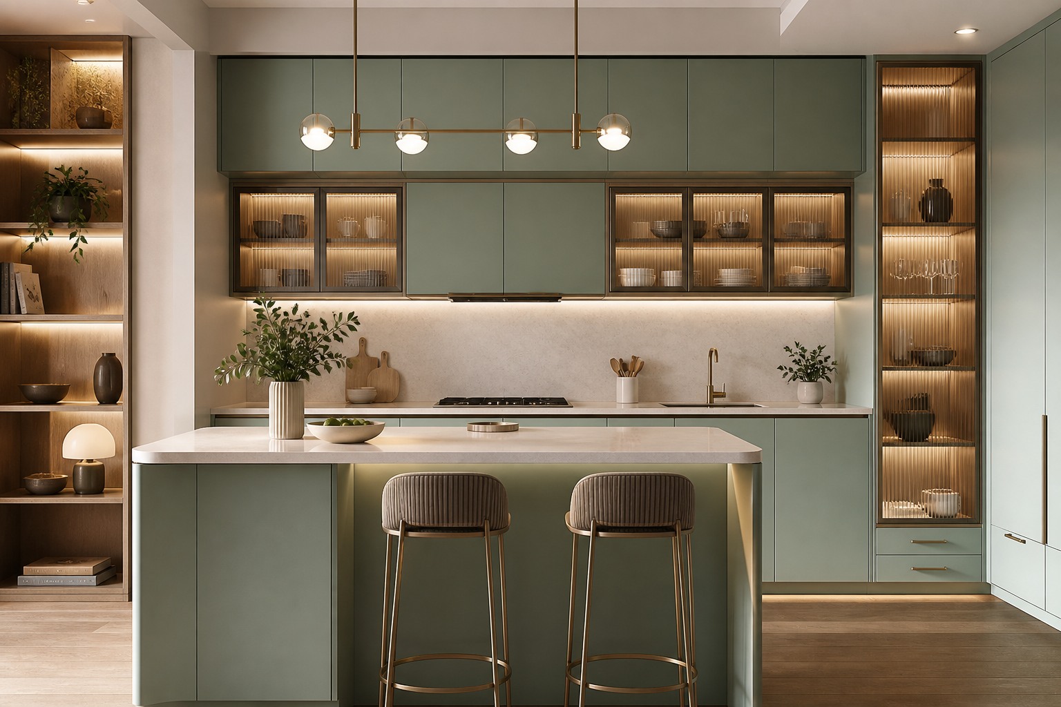 Mint green kitchen with integrated illuminated display cabinets