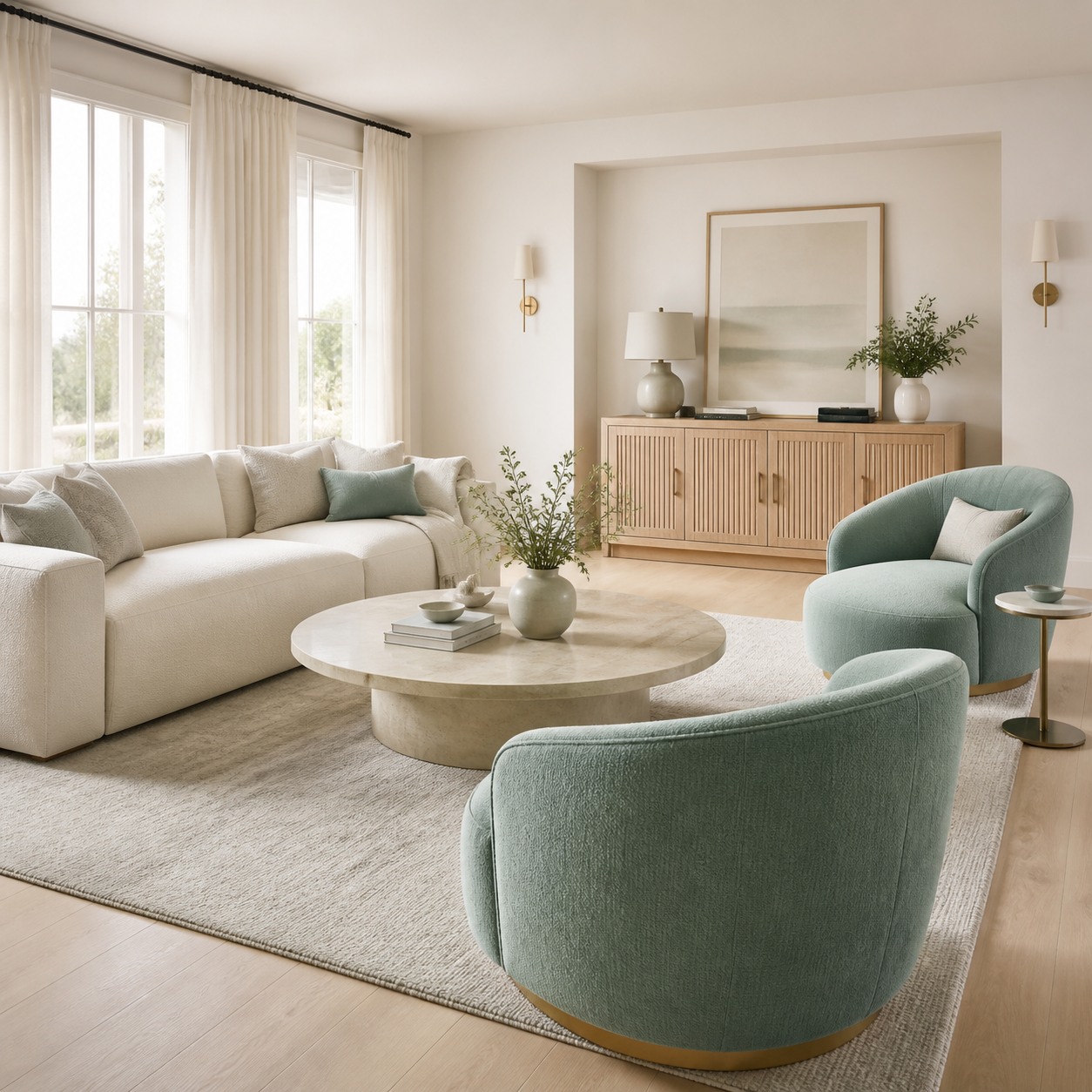 Light living room with aqua chairs and soft neutral furniture