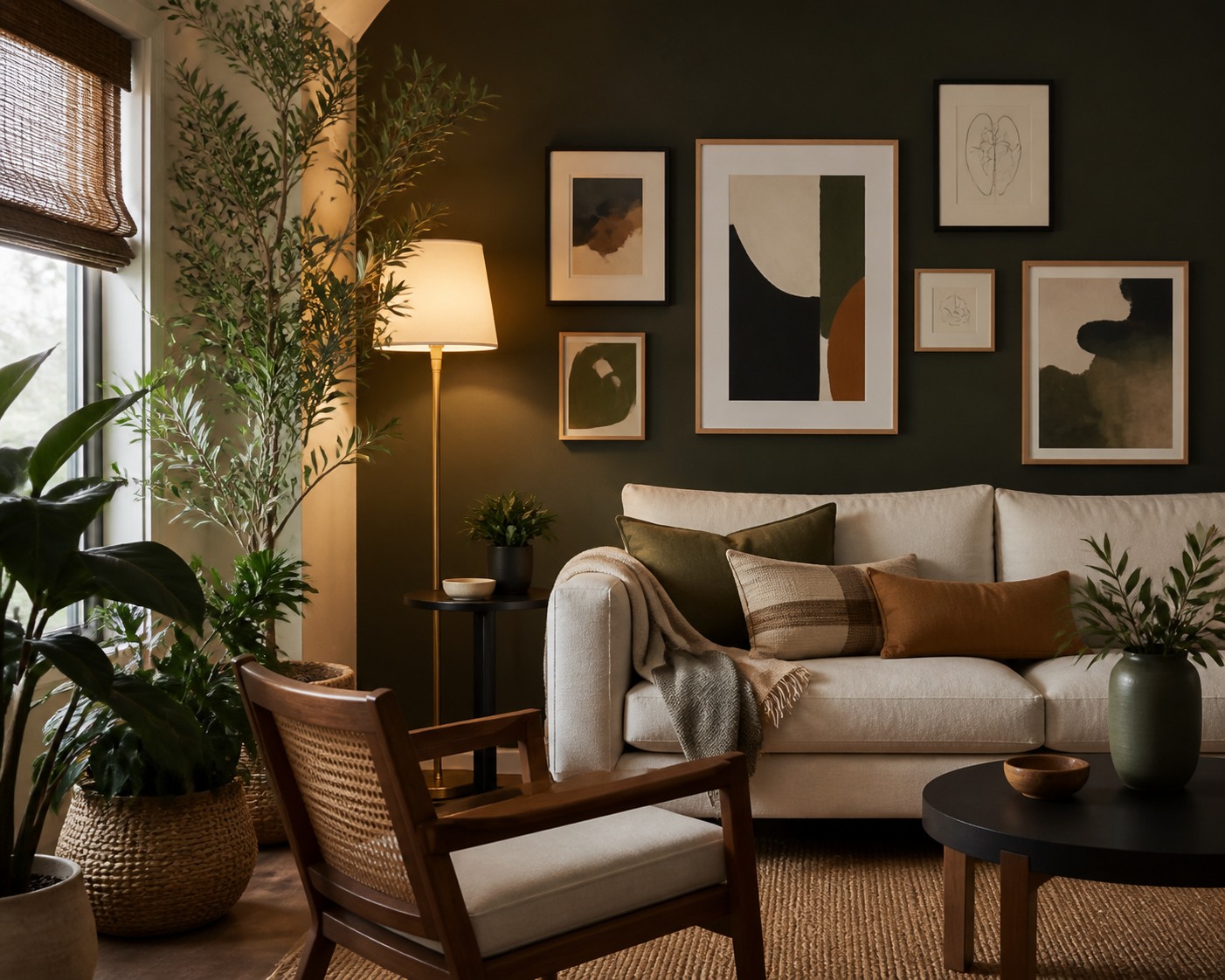 Dark feature-wall living room with a gallery arrangement and indoor plants