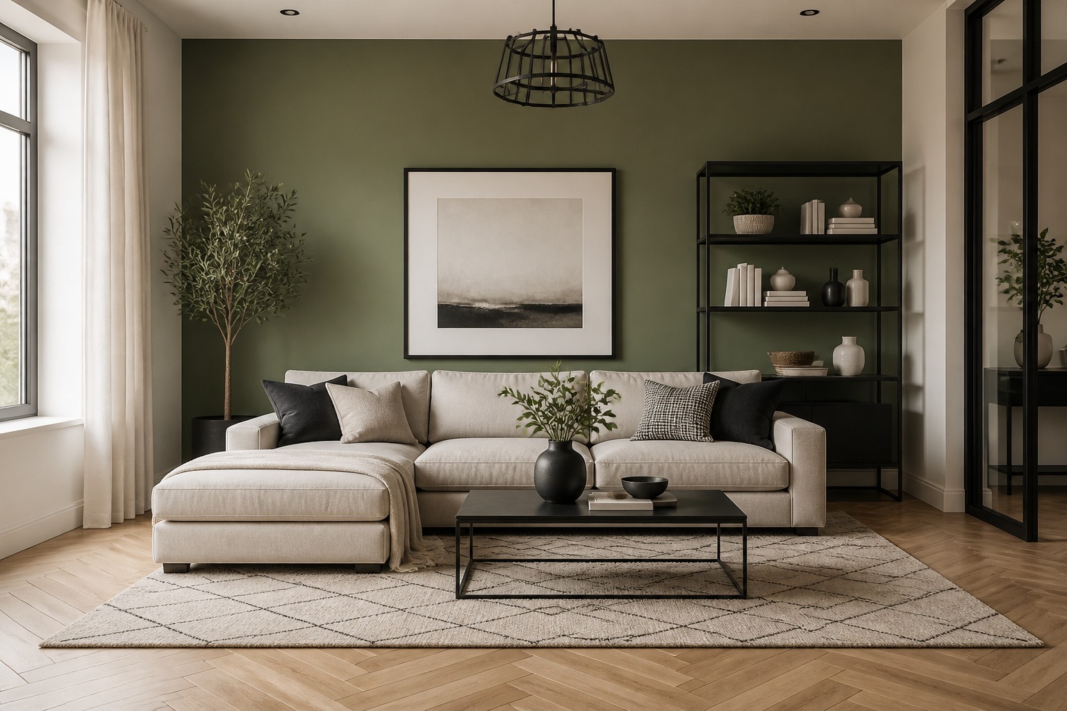 Black and white living room with a green accent wall and herringbone floor