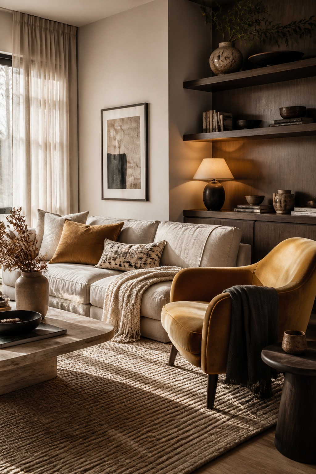 Neutral living room with a mustard chair and warm layered textiles