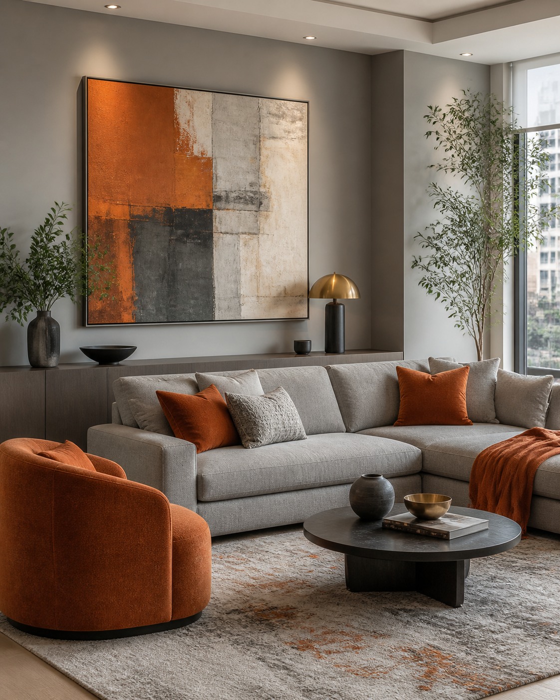Grey living room with orange accents and a large abstract artwork