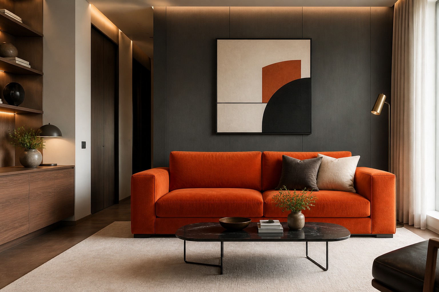 Orange sofa against a charcoal wall with geometric artwork