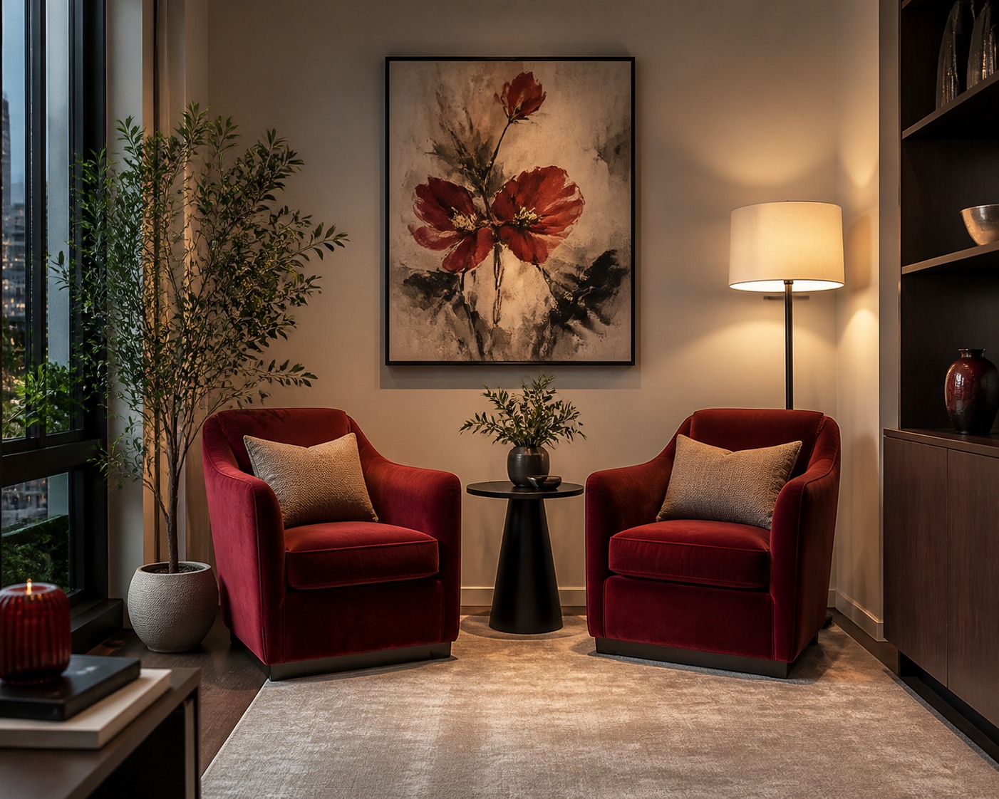 Compact sitting room with deep red armchairs and a floral artwork