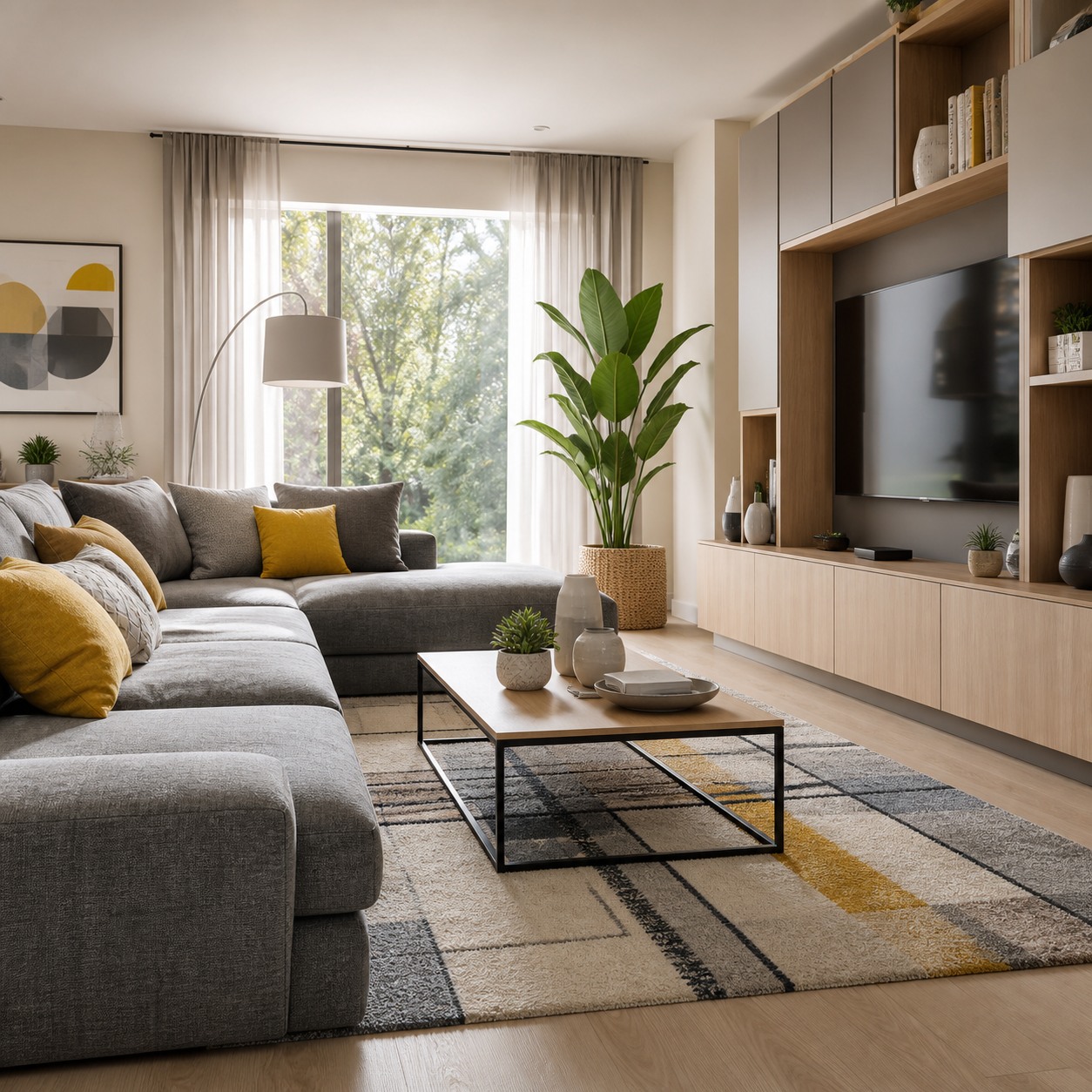 Grey sectional living room with yellow cushions and a geometric rug